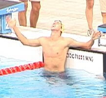 Grant Hackett looks up after his 1500 victory.