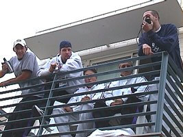 US guys hanging on the balcony at the Olympic Village.