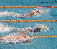 Hoogie (top), Thorpie (middle), and Davis (bottom) with 20 meters to go in the 200 Free Final.