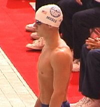 Moses just before winning the 100 Breast in American Record Time.