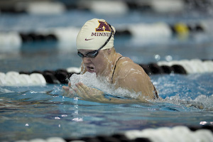 Jillian Tyler wins 200 breaststroke at Purdue Quad event.