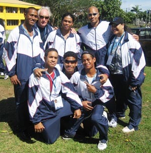 As team at opening of Athletes Village,V. Leatulevao, Bill Sakovich(Coach),CM Wei,R.Scanlan, Hana Faoa (Adm. Officer),btm row S.Sword, T Peters and L.Peters.
