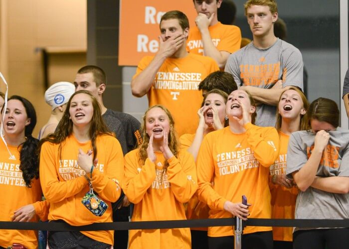 KNOXVILLE, TN - December 5, 2013 - Tennessee cheers on their teammate during the USA Swimming AT&T Winter National Championships at the Allan Jones Aquatic Center in Knoxville, Tennessee