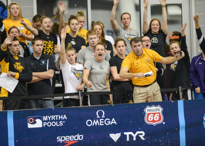 KNOXVILLE, TN - December 5, 2013 - Towson University cheers on Kaitlin Burke in the 500 Yard Freestyle during the USA Swimming AT&T Winter National Championships at the Allan Jones Aquatic Center in Knoxville, Tennessee