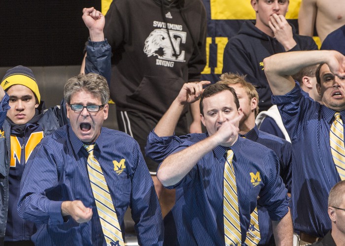 Michigan team cheering their swimmers in the 500 freestyle.