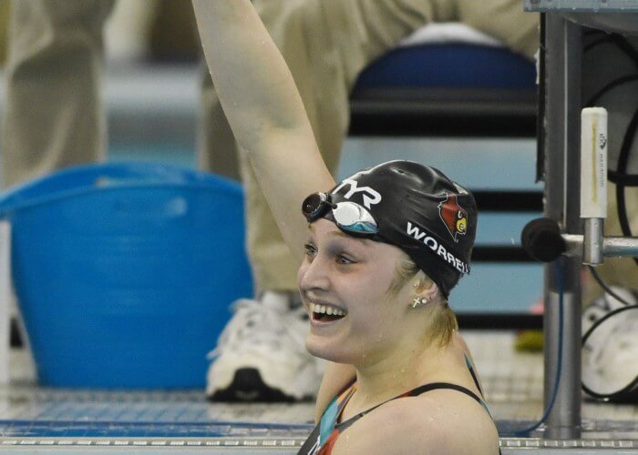 Mar 21, 2015; Greensboro, NC, USA; Kelsi Worrell after winning the 200 butterfly during NCAA Division I Swimming and Diving-Championships at Greensboro Aquatic Center. Mandatory Credit: Evan Pike-USA TODAY Sports