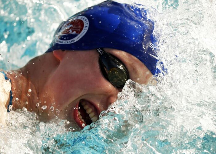 Apr 15, 2015; Mesa, AZ, USA; Katie Ledecky warms up for the Women's 1500 LC meter freestyle prelim during the 2015 Arena Pro Swim Series at the Skyline Aquatic Center. Mandatory Credit: Rob Schumacher/Arizona Republic via USA TODAY Sports