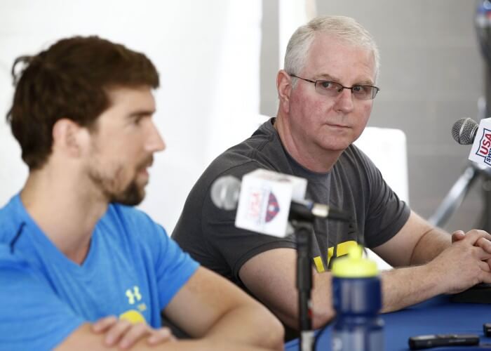 Apr 15, 2015; Mesa, AZ, USA; 18-time Olympic gold medalist Michael Phelps and coach Bob Bowman (right) hold a press conference at the Arena Pro Swim Series at Skyline Aquatic Center in Mesa, AZ. Phelps, 29, returns from a six-month suspension by USA Swimming after his arrest Sept. 30 when he was accused of driving under the influence. Phelps pleaded guilty to that charge in December was sentenced to 18 months supervised probation in lieu of one year in prison. The probation includes random drug and alcohol testing. Phelps also completed a 45-day treatment program in Arizona. Mandatory Credit: Rob Schumacher/Arizona Republic via USA TODAY Sports