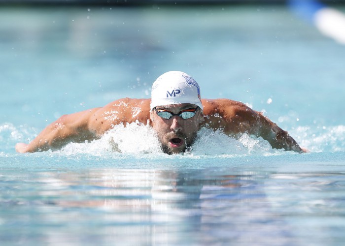 Jun 21, 2015; Santa Clara, CA, USA; Michael Phelps USA) swims the Men's 200IM Prelim in the final heat during the morning session of day four at the George F. Haines International Swim Center in Santa Clara, Calif. Mandatory Credit: Bob Stanton-USA TODAY Sports
