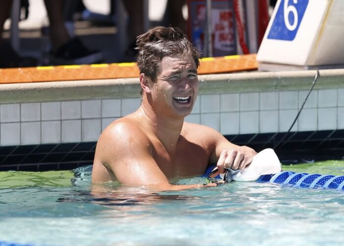 Jun 21, 2015; Santa Clara, CA, USA; Nathan Adrian (USA) was the fastest qualifier in the Men's 100M Freestyle during the morning session of day four at the George F. Haines International Swim Center in Santa Clara, Calif. Mandatory Credit: Bob Stanton-USA TODAY Sports