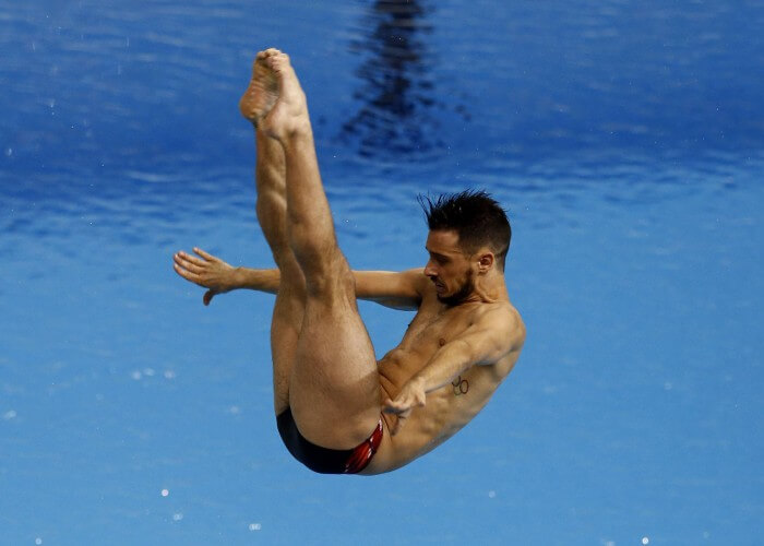 Jul 11, 2015; Toronto, Ontario, CAN; Francois Imbeau-Dulac of Canada competes in the men's 3m springboard final during the 2015 Pan Am Games at Pan Am Aquatics UTS Centre and Field House. Mandatory Credit: Rob Schumacher-USA TODAY Sports
