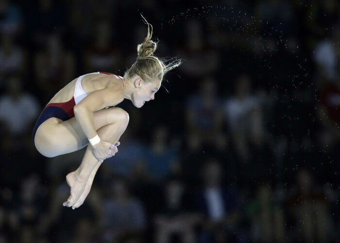 Jul 11, 2015; Toronto, Ontario, CAN; Delaney Schnell of the United States competes in the women's 10m platform diving final during the 2015 Pan Am Games at Pan Am Aquatics UTS Centre and Field House. Mandatory Credit: Erich Schlegel-USA TODAY Sports
