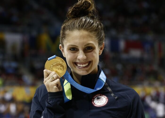 Jul 17, 2015; Toronto, Ontario, CAN; Katie Meili of the United States poses with her gold medal after the women's 100m breaststroke final the 2015 Pan Am Games at Pan Am Aquatics UTS Centre and Field House. Mandatory Credit: Rob Schumacher-USA TODAY Sports