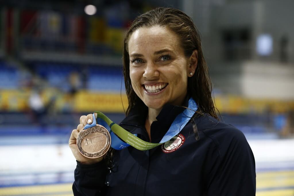 Jul 17, 2015; Toronto, Ontario, CAN; Natalie Coughlin of the United States poses with her bronze medal after the women's 50m freestyle final the 2015 Pan Am Games at Pan Am Aquatics UTS Centre and Field House. Mandatory Credit: Erich Schlegel-USA TODAY Sports