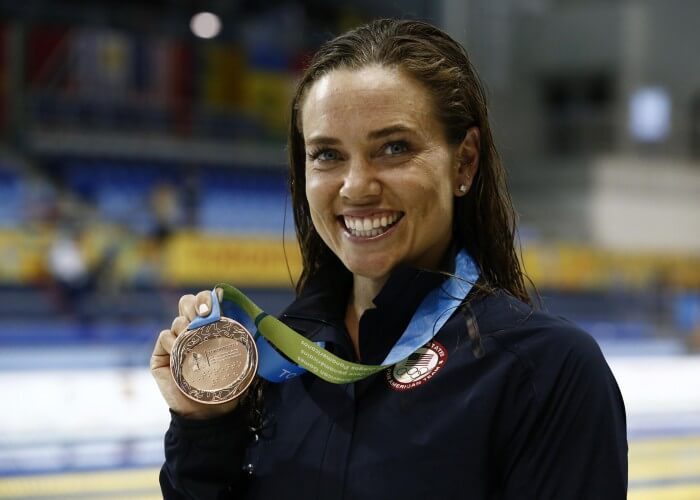 Jul 17, 2015; Toronto, Ontario, CAN; Natalie Coughlin of the United States poses with her bronze medal after the women's 50m freestyle final the 2015 Pan Am Games at Pan Am Aquatics UTS Centre and Field House. Mandatory Credit: Erich Schlegel-USA TODAY Sports