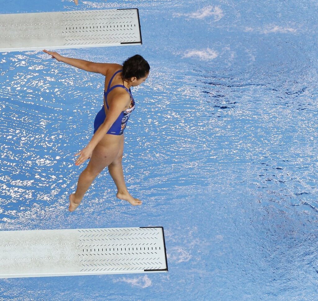 Jul 13, 2015; Toronto, Ontario, USA; Wendy Esquivel and Paula Sotomayor of Chile compete in the women's synchronised diving 3m springboard final the 2015 Pan Am Games at Pan Am Aquatics UTS Centre and Field House. Mandatory Credit: Rob Schumacher-USA TODAY Sports
