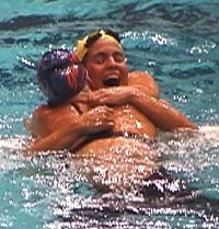 Kaitlin Sandeno and Maddy Crippen hug after qualifying for the 2000 US Olympic Team in the 400 IM.