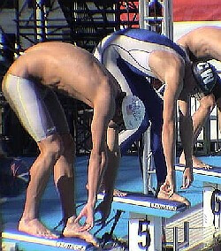 Michael Phelps and Tom Malchow jsut before the start of the 200 Fly final.