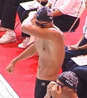 Gary Hall Jr. does a little showboating with a bicep kiss before the 100 Free Semi-final.