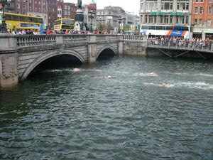 Crowd gathers at O'Connell Bridge during Liffey Swim