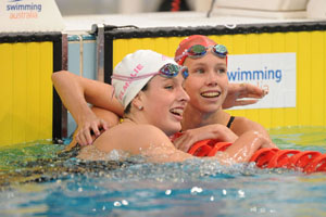 Emma McKeon (right) with Brittany Elmslie (left).