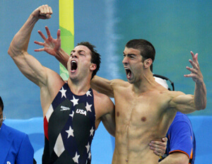 Michael Phelps and Garrett Weber-Gale Celebrate After Winning the 400 Free Relay at the Beijing Olympics