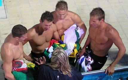 South African mens team after win interviewed pool deck