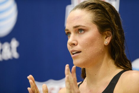 KNOXVILLE, TN - December 5, 2013 - Natalie Coughlin claps after winning gold in the 50 Yard Freestyle during the USA Swimming AT&T Winter National Championships at the Allan Jones Aquatic Center in Knoxville, Tennessee