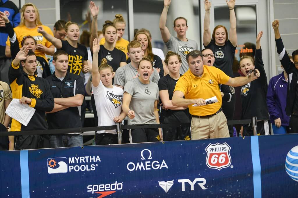 KNOXVILLE, TN - December 5, 2013 - Towson University cheers on Kaitlin Burke in the 500 Yard Freestyle during the USA Swimming AT&T Winter National Championships at the Allan Jones Aquatic Center in Knoxville, Tennessee