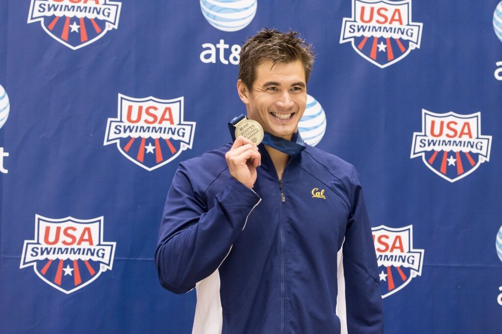 Knoxville, TN - December 7, 2013: Nathan Adrian of the University of California Winner of the Men's 100 Freestyle during the 2013 AT&T Swimming Winter National Championships on December 7, 2013 in Knoxville, Tennessee at the Allan Jones Aquatic Center. Photo By Matthew DeMaria/Tennessee Athletics