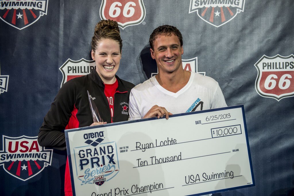Missy Franklin and Ryan Lochte accepting the Grand Prix Champion awards.