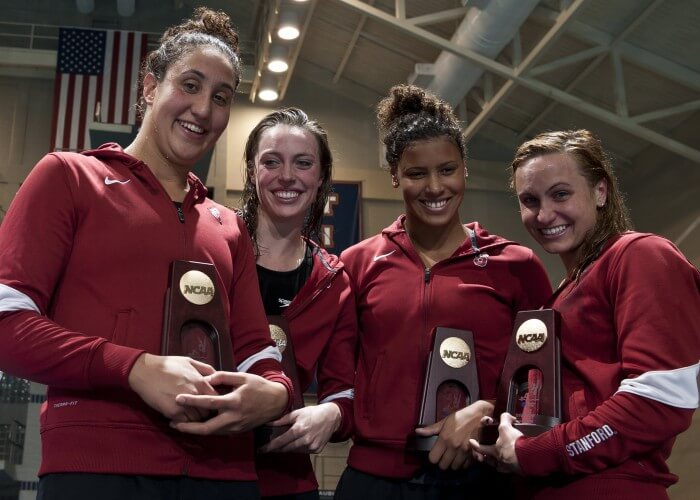 Andi Murez, left, celebrates 400 free relay win at 2012 NCAA championships with Stanford teammates. Photo Courtesy: Peter H. Bick