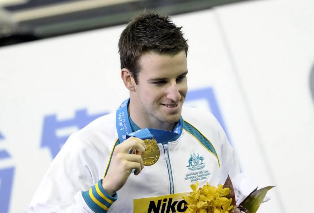 July 28, 2011; Shanghai, CHINA; James Magnussen (AUS) poses with his gold medal after winning the men's 100m freestyle final at the 14th FINA World Championships. Mandatory Credit: OSports via USA TODAY Sports