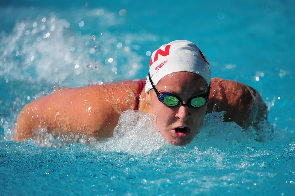 June 2, 2012; Santa Clara, CA, USA; Stephanie Horner (CAN) swims the butterfly during the women's 400-meter individual medley preliminaries in the Santa Clara international grand prix at the George F. Haines International Swim Center. Mandatory Credit: Kyle Terada-USA TODAY Sports