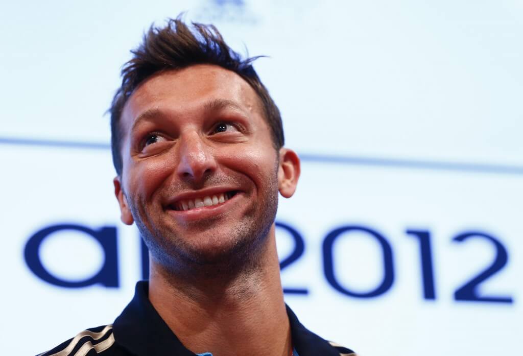 Jul 26, 2012; London, United Kingdom; Australian swimmer Ian Thorpe smiles during a press conference one day before the London 2012 Olympic Games at Westfield Shopping Centre. Mandatory Credit: Rob Schumacher-USA TODAY Sports