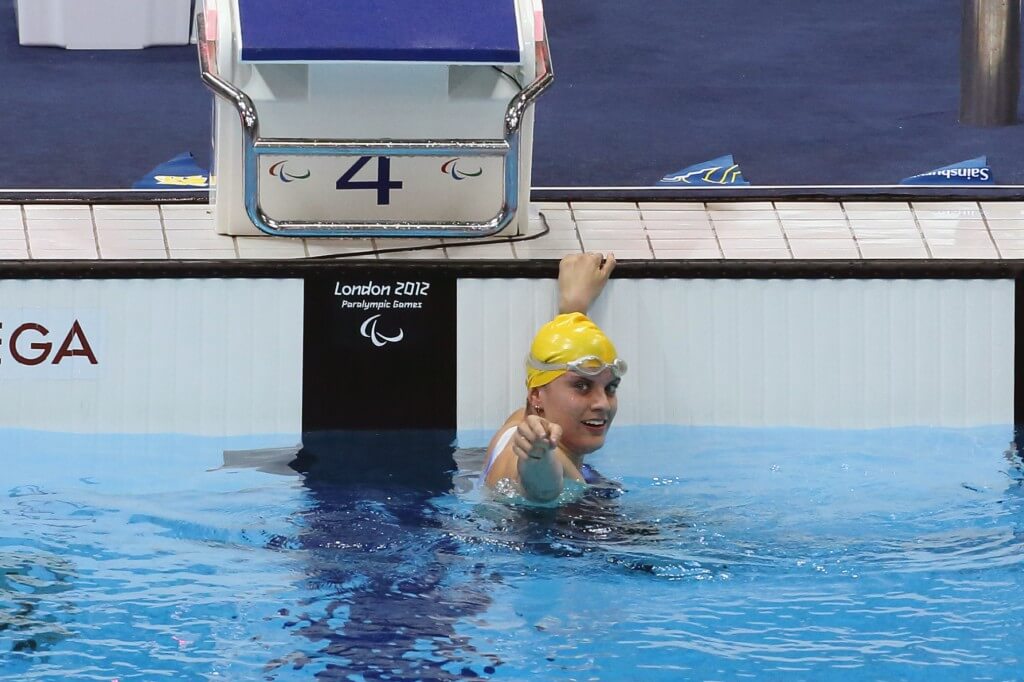Sep 6, 2012; London, United Kingdom; Jacqueline Freney (AUS) reacts during in the women's 400m freestyle S7 final during the London 2012 Paralympic Games at Aquatics Centre. Mandatory Credit: Paul Cunningham-USA TODAY Sports