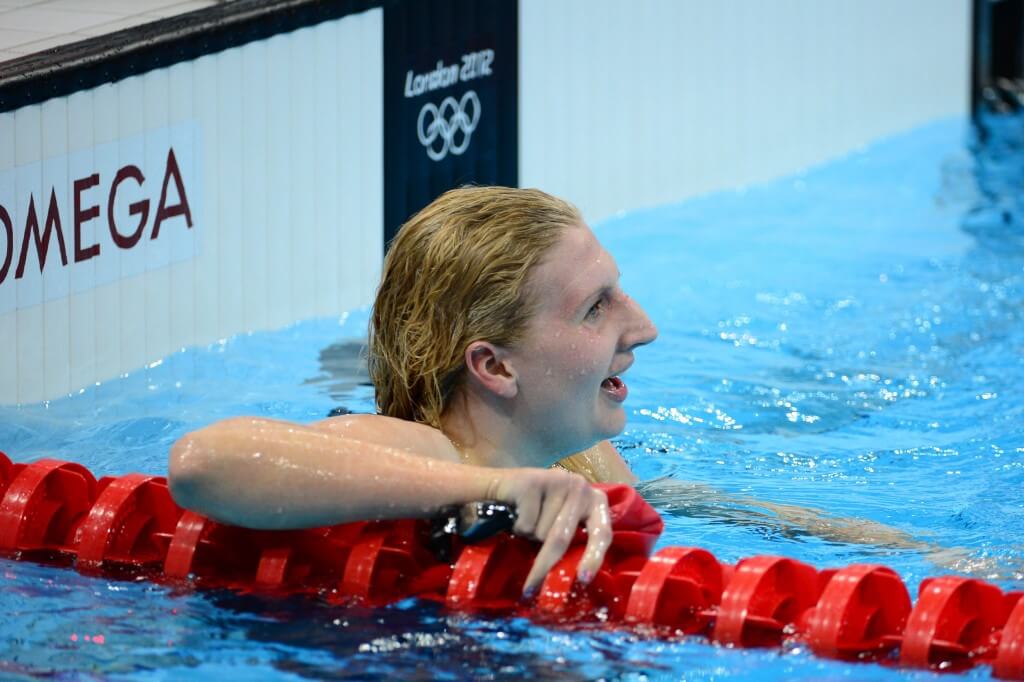 Jul 29, 2012; London, United Kingdom; Rebecca Adlington (GBR) celebrates after her bronze medal finish in the women's 400m freestyle finals during the London 2012 Olympic Games at Aquatics Centre. Mandatory Credit: Kyle Terada-USA TODAY Sports