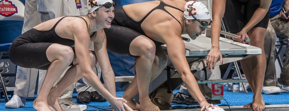 Southern Cal places first in the prelims of the 200 medley relay.