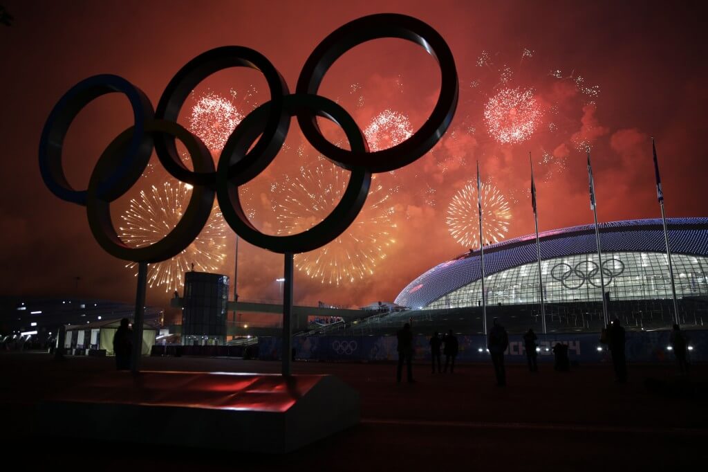 Feb 23, 2014; Sochi, RUSSIA; Fireworks are displayed during the closing ceremony for the Sochi 2014 Olympic Winter Games at Fisht Olympic Stadium. Mandatory Credit: Andrew P. Scott-USA TODAY Sports