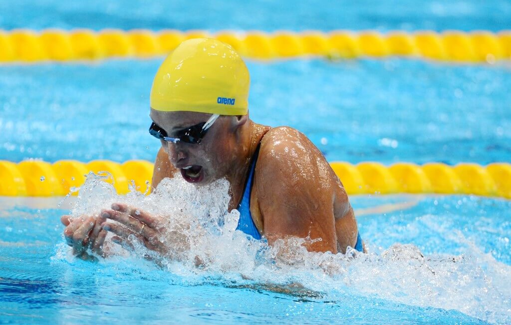 Jul 29, 2012; London, United Kingdom; Jennie Johansson (SWE) competes during the women's 100m breaststroke semifinals during the London 2012 Olympic Games at Aquatics Centre. Mandatory Credit: Kyle Terada-USA TODAY Sports