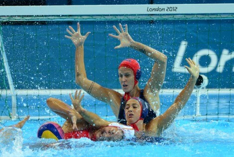 Aug 1, 2012; London, United Kingdom; USA centre back (6) Maggie Steffens and goal keeper (1) Betsey Armstrong defend the goal against Spain during a preliminary round of the London 2012 Olympic Games at Water Polo Arena. The match ended in a tie. Mandatory Credit: Mark J. Rebilas-USA TODAY Sports