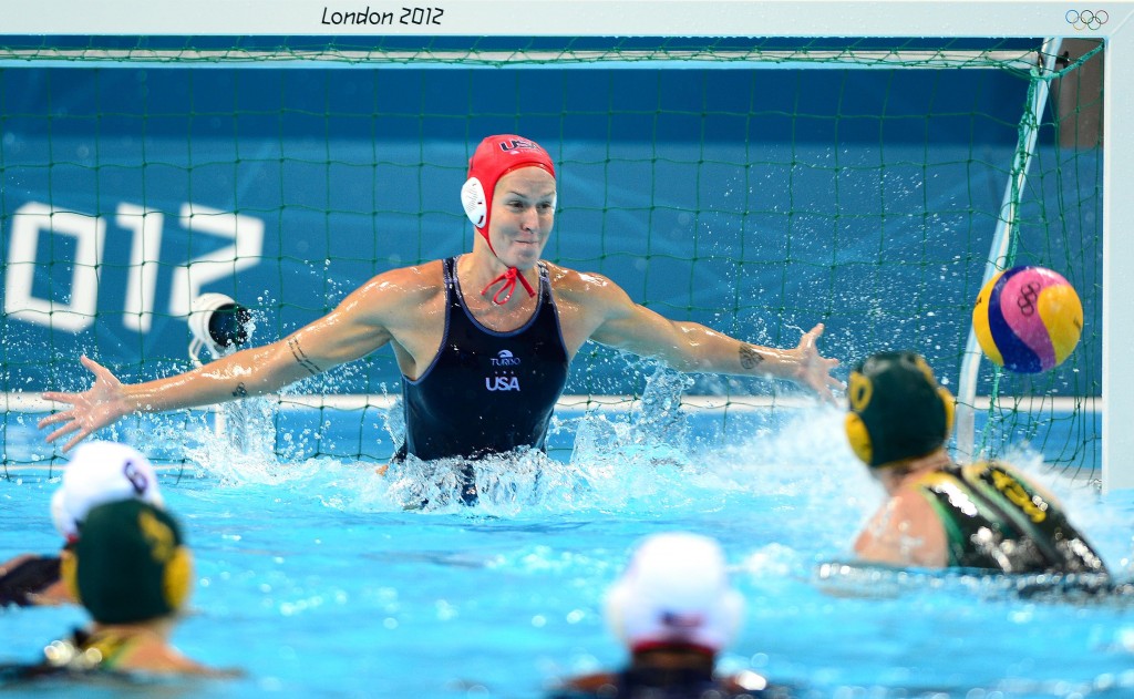 Aug 7, 2012; London, United Kingdom; USA goal keeper Betsey Armstrong (1) allows a goal in the first quarter against Australia in the women's semifinal in the London 2012 Olympic Games at Water Polo Arena. Mandatory Credit: Andrew Weber-USA TODAY Sports