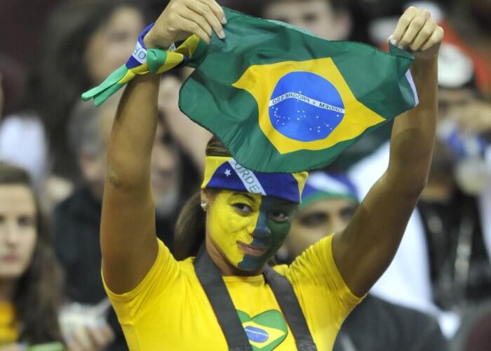 Nov 21, 2012; Cleveland, OH, USA; A fan holds up the national flag of Brazil during a game between the Philadelphia 76ers and the Cleveland Cavaliers at Quicken Loans Arena. Mandatory Credit: David Richard-USA TODAY Sports