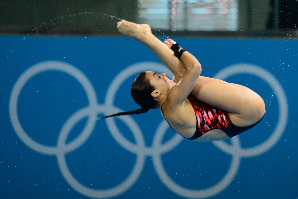 Aug 9, 2012; London, United Kingdom; Meaghan Benfeito (CAN) competes in the women's diving 10m semifinal during the London 2012 Olympic Games at Aquatics Centre. Mandatory Credit: Kyle Terada-USA TODAY Sports