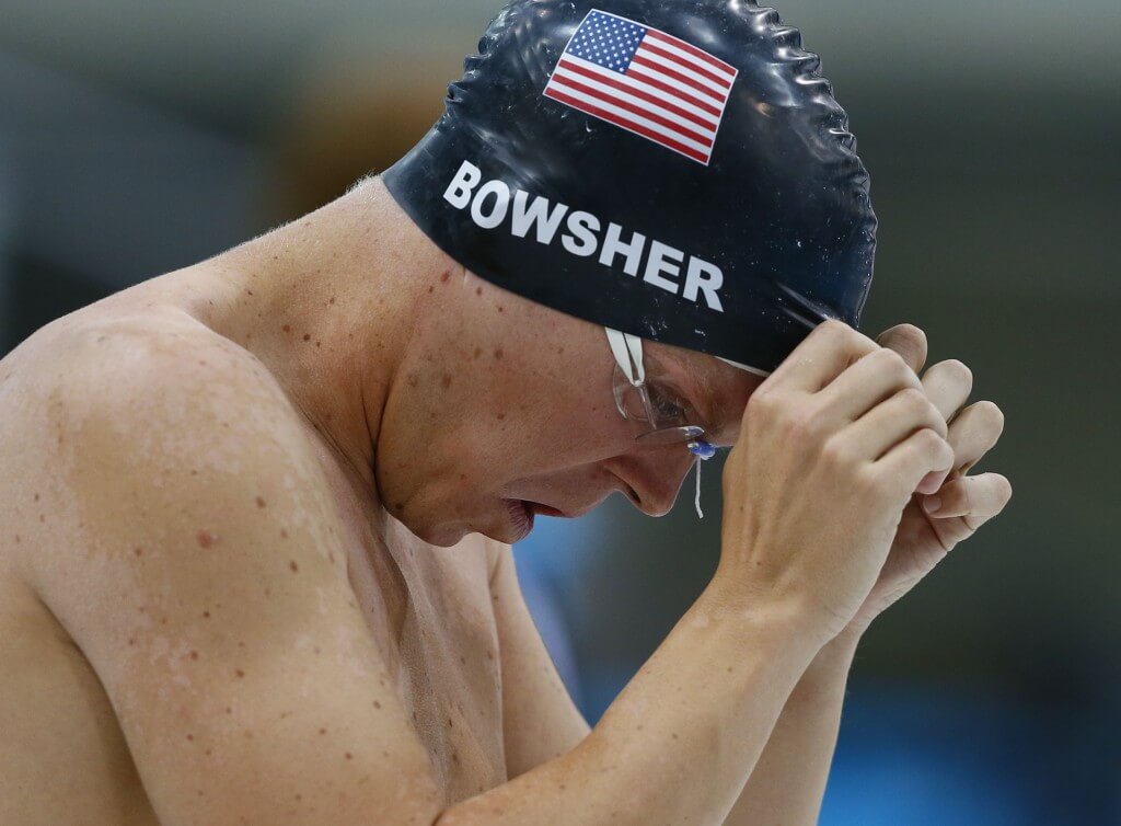 Aug 11, 2012; London, United Kingdom; Dennis Bowsher (USA) swims at the men's modern pentathlon during the London 2012 Olympic Games at Aquatics Centre. Mandatory Credit: Rob Schumacher-USA TODAY Sports