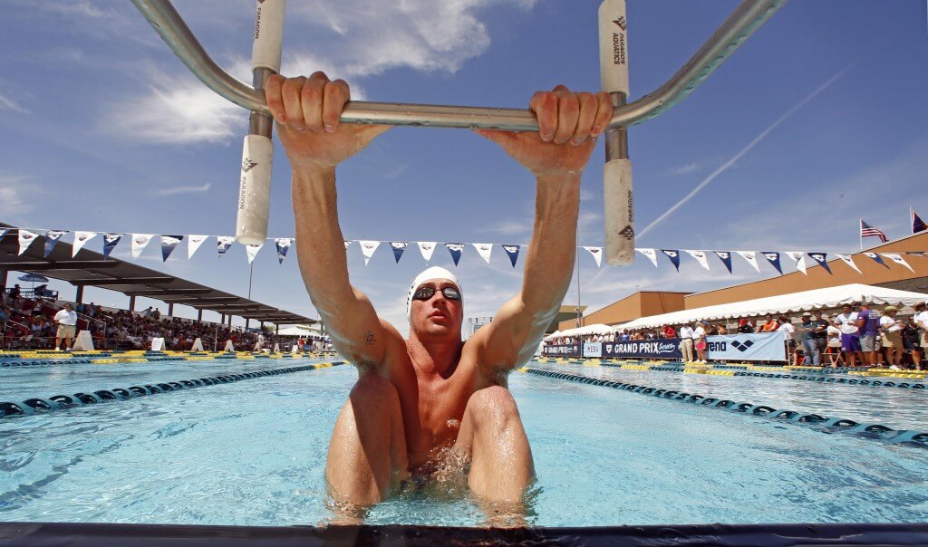 Apr 25, 2014; Mesa, AZ, USA; Ryan Lochte in the starting block before the 200m backstroke prelims during the Arena Grand Prix at Skyline Aquatic Center. Mandatory Credit: Rob Schumacher-USA TODAY Sports