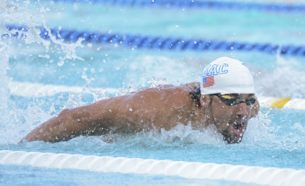 Jun 20, 2014; Santa Clara, CA, USA; Michael Phelps (USA) swims during the men's 100-meter butterfly finals of the Arena Grand Prix at George F. Haines International Aquatic Center. Mandatory Credit: Kyle Terada-USA TODAY Sports