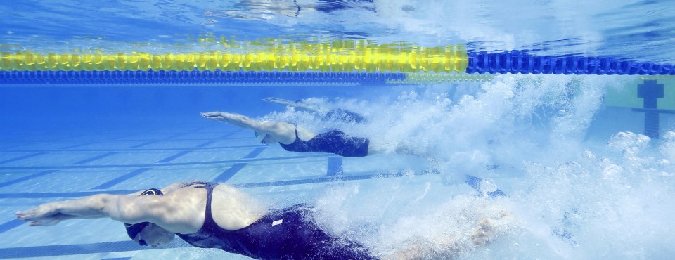 Jun 21, 2014; Santa Clara, CA, USA; Start of heat two of the Women's 50M Freestyle during the preliminary heats at George F. Haines International Aquatic Center. Mandatory Credit: Bob Stanton-USA TODAY Sports
