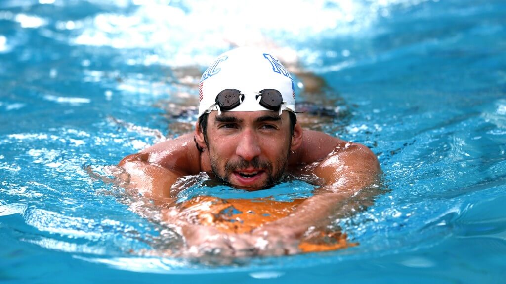 Jun 21, 2014; Santa Clara, CA, USA; Michael Phelps in the warm up pool before the championship finals at George F. Haines International Aquatic Center. Mandatory Credit: Bob Stanton-USA TODAY Sports