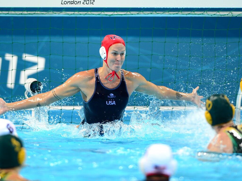 Aug 7, 2012; London, United Kingdom; USA goal keeper Betsey Armstrong (1) allows a goal in the first quarter against Australia in the women's semifinal in the London 2012 Olympic Games at Water Polo Arena. Mandatory Credit: Andrew Weber-USA TODAY Sports